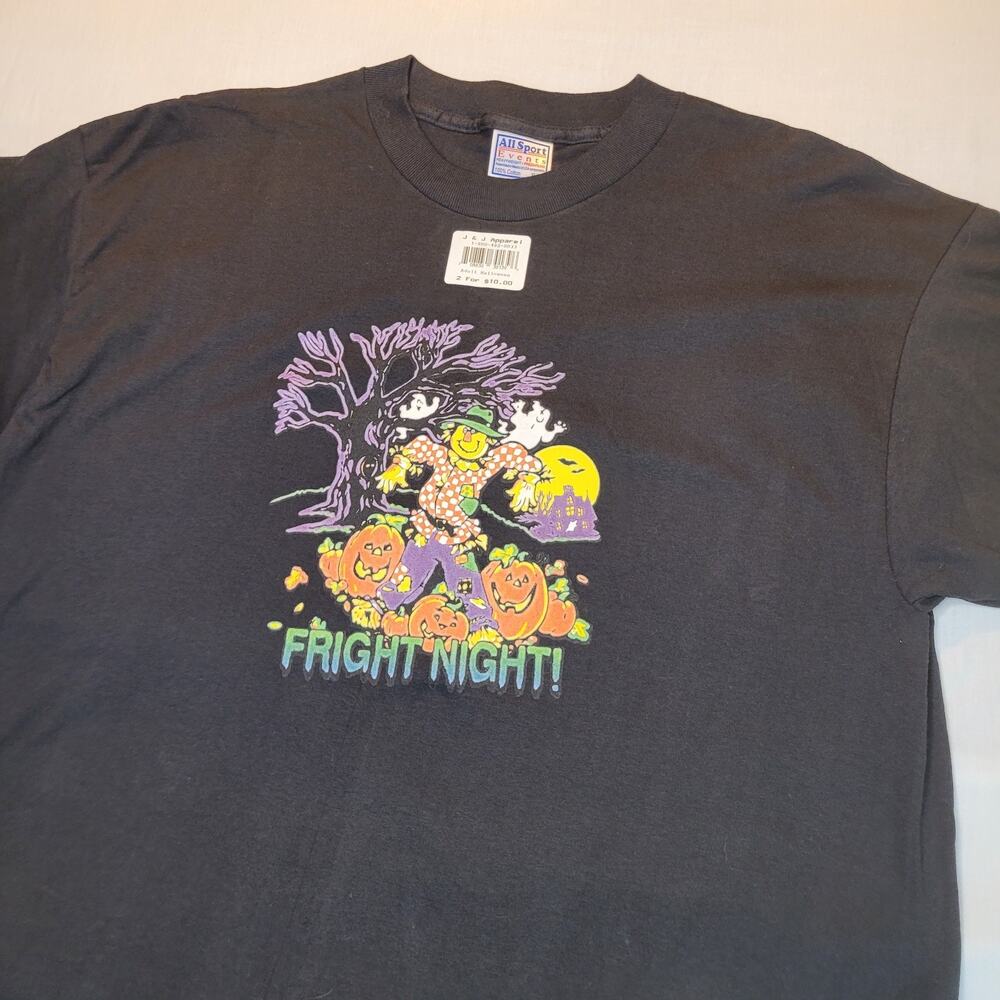Vintage 90s Halloween T Shirt Black Single Stitch XL Scarecrow Pumpkin Fright